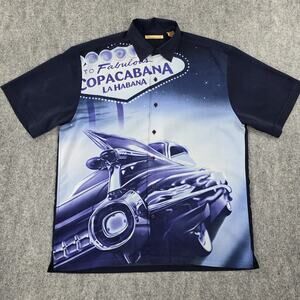 Havana Co Copacabana Shirt Mens Large Blue Car Print Cuban Style Button Up Retro
